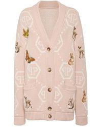 Philipp Plein - Truien & Vesten ,Wol Lange Oversized Cardigan Met Feeënborduursel - Lyst