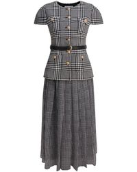 Self-Portrait - Elegante Pied-De-Poule Midi Jurk Zwart - Lyst