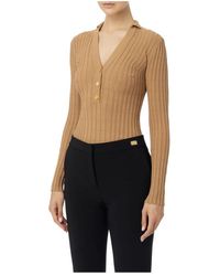 Elisabetta Franchi - Truien & Vesten ,Bruin ,Geribbelde Viscose Trui Met Gouden Knopen - Lyst