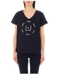 Liu Jo - Schwarzes baumwoll-stretch v-ausschnitt t-shirt - Lyst