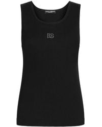 Dolce & Gabbana - Tops ,Zwart ,Katoen Geribbelde Tanktop Met Dg-Borduursel En Strasssteentjes - Lyst