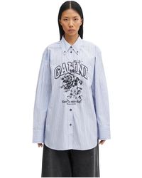 Ganni - Overhemden ,Blauw ,Katoen Stripe Logo Shirt - Lyst