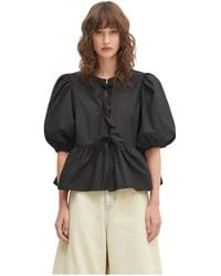 Ganni - Overhemden ,Zwart ,Katoen Katoenen Poplin Peplum Strik Blouse - Lyst