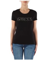 Guess - T-shirt slim fit in cotone stretch con logo in strass - Lyst