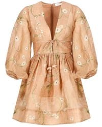 Zimmermann - Geblümtes Leinenkleid Mit V-Ausschnitt - Lyst