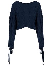 KENZO - Truien & Vesten ,Blauw ,Katoen Kabel Gebreide Trui Met Vetersluiting - Lyst