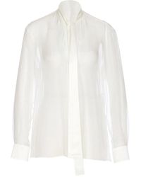 Dolce & Gabbana - Overhemden ,Wit ,Zijde Blouse Met Hoge Hals En Strikdetail - Lyst