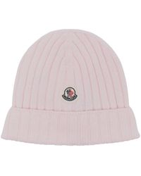 Moncler - Accessoires ,Roze ,Wol Wollen Beanie Met Logo - Lyst