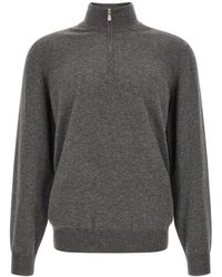 Brunello Cucinelli - Truien & Vesten ,Grijs ,Kasjmier Trui Van Kasjmier Met Hoge Hals En Rits - Lyst