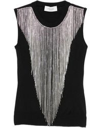 Sportmax - Overhemden ,Zwart ,Gebreide Top Met Kristallen Franjes - Lyst
