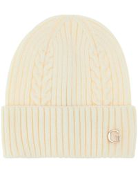 Guess - Accessoires ,Wit ,Witte Gebreide Boord Logo Hoed Vrouwen - Lyst