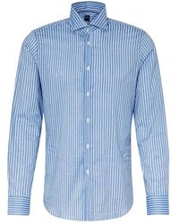 Fedeli - Overhemden ,Blauw ,Katoen Blauw-Wit Gestreept Overhemd - Lyst