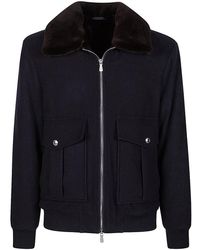 Eleventy - Jassen ,Blauw ,Wol Aviator Style Wollen Jas Met Nerts Kraag - Lyst