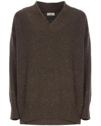 Brunello Cucinelli - Bruine Pailletten V-Hals Trui - Lyst