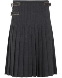 Prada - Grijze Wol Geplooide Midi Rok - Lyst