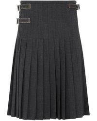 Prada - Grijze Wol Geplooide Midi Rok - Lyst