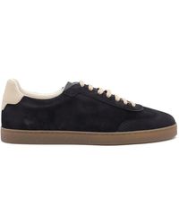 Brunello Cucinelli - Blauwe Suède Sneakers Met Leren Details - Lyst