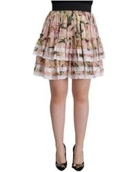 Dolce & Gabbana - Pink lily print silk mini tiered a-line skirt - Lyst