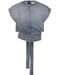 Alaïa - Tops ,Blauw ,Denim Belted Denim Crop Top - Lyst