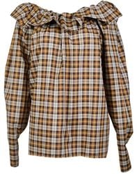 MSGM - Overhemden ,Bruin ,Geruite Off-Shoulder Blouse - Lyst