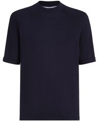 Brunello Cucinelli - Tops ,Blauw ,Katoen Jersey Mock-Neck T-Shirt - Lyst