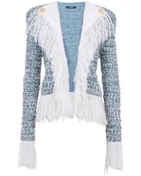 Balmain - Chaquetas de tweed denim con borde flecos - Lyst
