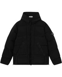 Stone Island - Jassen ,Zwart ,Leer Donsjack Met Capuchon En Tunnelkoord Zoom - Lyst