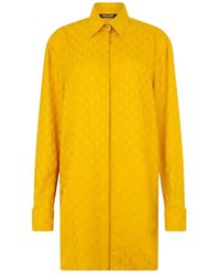 Roberto Cavalli - Overhemden ,Geel ,Zijden Overhemd Met Mirror Snake Monogram - Lyst
