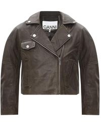 Ganni Leather Biker Jacket - Groen