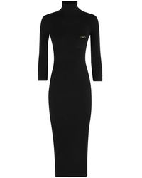 Elisabetta Franchi - Zwarte Gebreide Midi Jurk Hoge Hals - Lyst