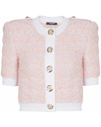 Balmain - Truien & Vesten ,Roze ,Katoen Kort Gebreid Vest Met Korte Mouwen - Lyst