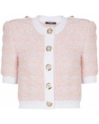 Balmain - Truien & Vesten ,Roze ,Katoen Kort Gebreid Vest Met Korte Mouwen - Lyst