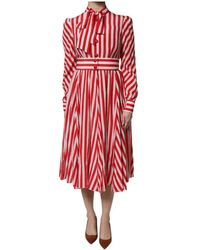 Dolce & Gabbana - Gestreiftes Seiden-Midi-Kleid Mit Langen Ärmeln - Lyst