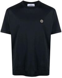 Stone Island - Blaue t-shirts und polos mit geripptem ausschnitt,blaues baumwoll-t-shirt mit logo - Lyst