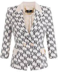 Elisabetta Franchi - Doppelreihige jacke mit logo-print und kontrastierenden klappentaschen - Lyst