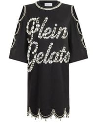 Philipp Plein - Kleedjes ,Zwart ,Katoen Mini T-Shirt Jurk Crystal Waves - Lyst