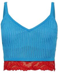 Versace - Tops ,Blauw ,Katoen Tanktop Van Gebreide Viscosemix Met Kanten Rand - Lyst