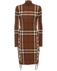 Burberry - Kleedjes ,Bruin ,Leer Check Stretch Jurk Met Strikdetail Aan De Zijkant - Lyst