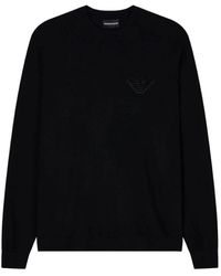 Emporio Armani - Truien & Vesten ,Zwart ,Wol Effen Gebreide Trui Van Scheerwol Met Adelaarspatch - Lyst