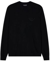 Emporio Armani - Truien & Vesten ,Zwart ,Wol Effen Gebreide Trui Van Scheerwol Met Adelaarspatch - Lyst