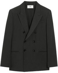 Ami Paris - Jassen ,Grijs ,Katoen Donkergrijze Double-Breasted Jas Met Peak Revers - Lyst