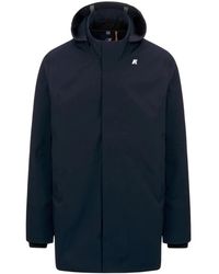 K-Way - Jassen ,Blauw ,Polyester Middellange Parka Met Afneembare Capuchon - Lyst