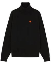 KENZO - Truien & Vesten ,Zwart ,Wol Zwarte Coltrui Met Hoge Hals En Boke Flower Embleem - Lyst