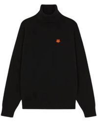 KENZO - Truien & Vesten ,Zwart ,Wol Zwarte Coltrui Met Hoge Hals En Boke Flower Embleem - Lyst