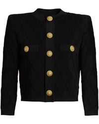 Balmain - Truien & Vesten ,Zwart ,Textured Knit Cropped Cardigan Met Gouden Knopen - Lyst