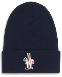 Moncler - Accessoires ,Blauw ,Wol Wollen Beanie Muts Met Logopatch - Lyst