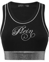 Philipp Plein - Tops ,Zwart ,Katoen Cropped Tanktop Elastische Strass - Lyst