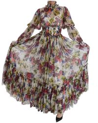 Dolce & Gabbana Floral Silk Long Gown Dress - Grijs