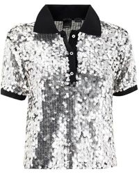 Pinko - Tops ,Grijs ,Pailletten Geborduurde Paillet Polo Shirt - Lyst