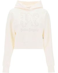 Palm Angels - Hoodies & Sweatvesten ,Wit ,Katoen Monogram Geborduurde Cropped Hoodie - Lyst